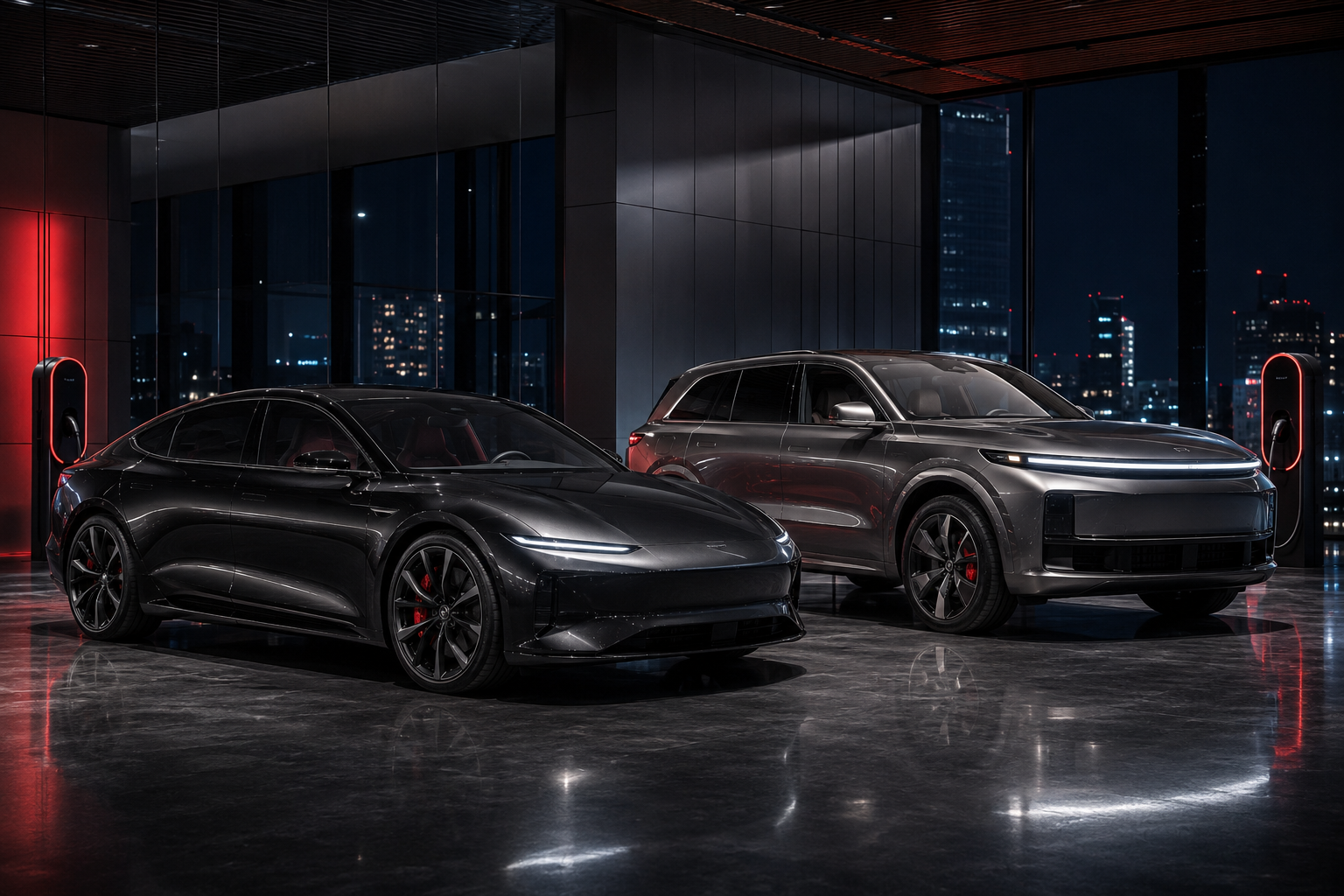Premium electric performance cars in a modern showroom