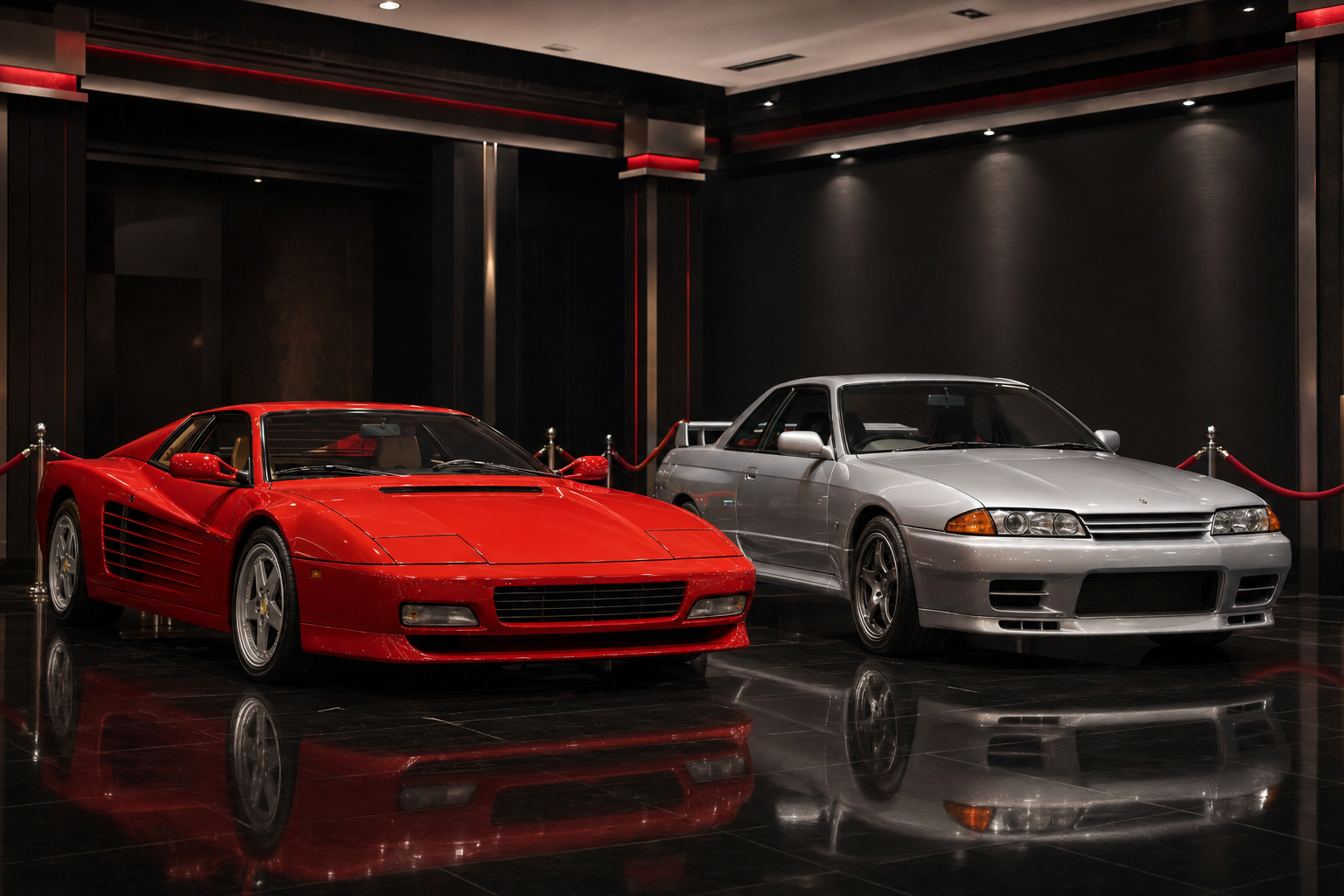 Classic red Italian exotic and silver Japanese GT-R heritage performance coupe