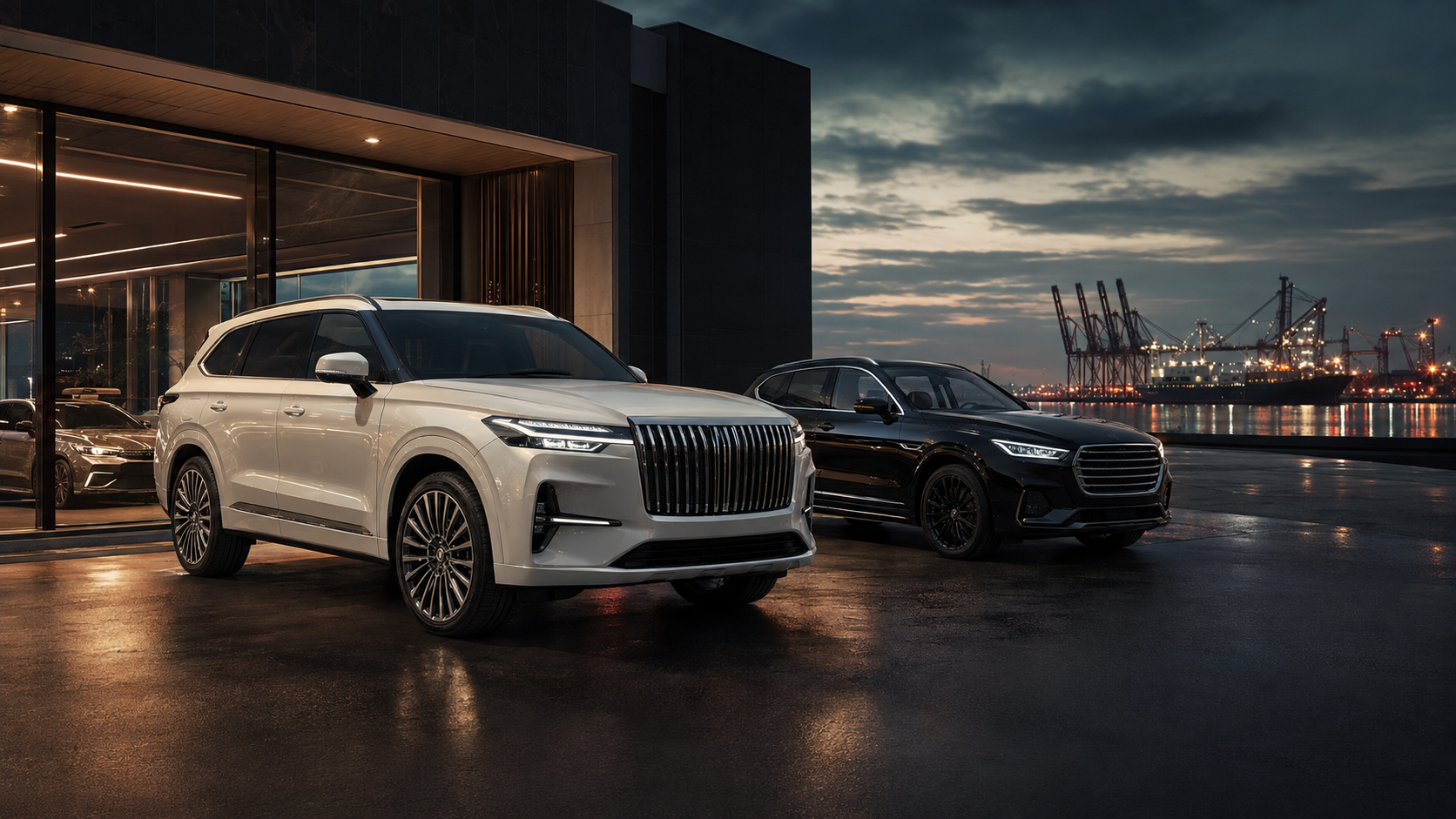 Modern luxury SUVs at a Japanese export showroom